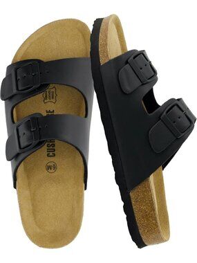 Women's Black Oily Footbed Sandals Comfort Double Buckle Two Strap Flats Shoes